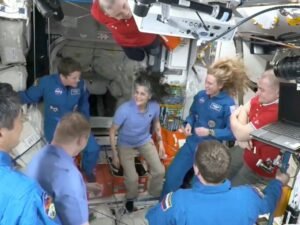 Stuck Needham astronaut welcomes newly arrived replacements to the space station