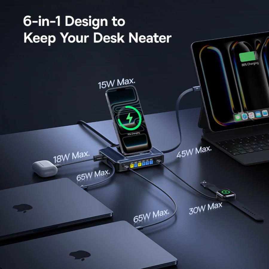 Baseus unveils Nomos NH21 6-in-1 GaN charging station with dual retractable cables and built-in display